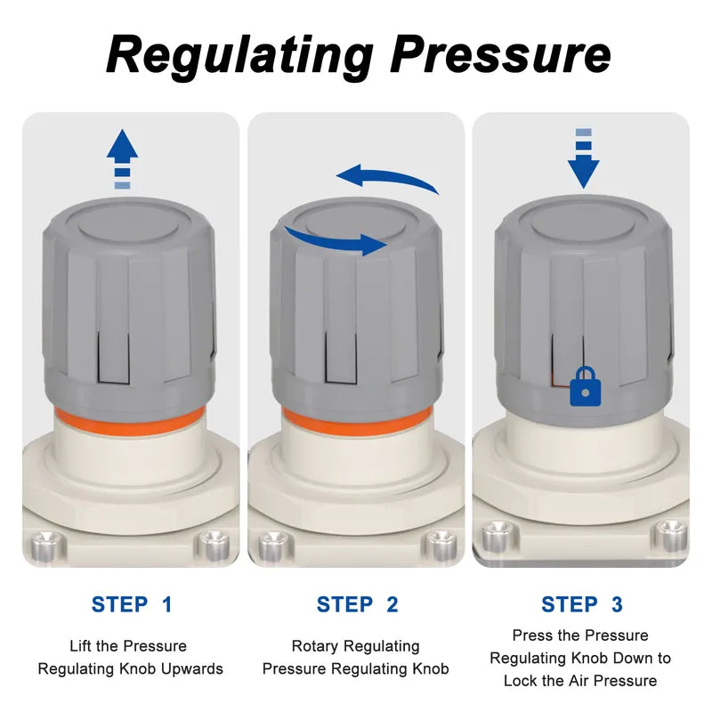 Pressure regulating instructions for airzoe AC5000-10 air compressor filter regulator lubricator combo showing lift, rotate and press knob steps