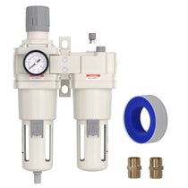 airzoe AC5010-10 1 inch NPT compressed air filter regulator lubricator combo kit with 0-145 PSI gauge, 5 micron brass element, semi-auto drain and fittings