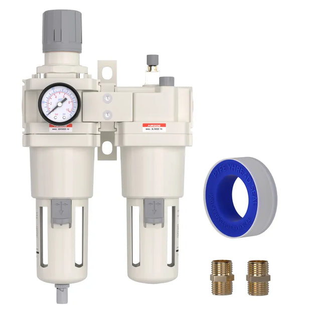 airzoe AC5010-10 1 inch NPT compressed air filter regulator lubricator combo kit with 0-145 PSI gauge, 5 micron brass element, semi-auto drain and fittings