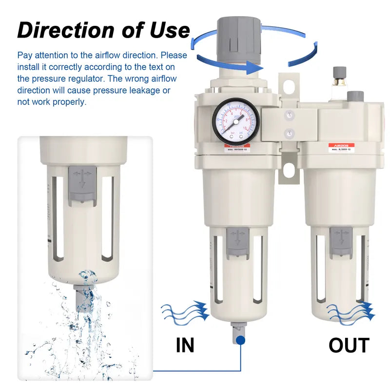Airflow direction and semi-auto drain warning for airzoe AC5010-10 compressed air filter regulator lubricator combo showing correct IN and OUT installation direction