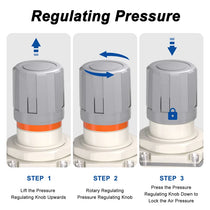 Pressure regulating instructions for airzoe AC5010-10 compressed air filter regulator lubricator combo showing lift, rotate and press knob steps