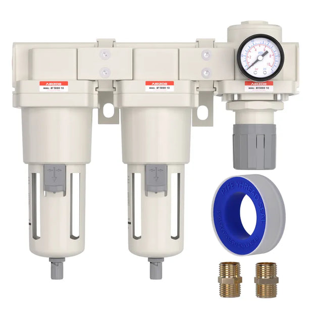 airzoe AC5110-10 1 inch NPT double air compressor filter and air pressure regulator combo kit with 0-145 PSI gauge, 5 micron brass element, semi-auto drain and fittings