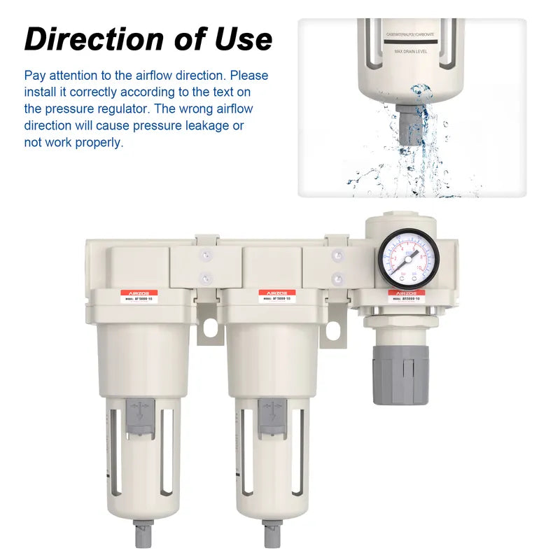 Airflow direction and semi-auto drain warning for airzoe AC5110-10 double air compressor filter and pressure regulator combo