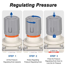 Pressure regulating instructions for airzoe AC5110-10 air pressure regulator combo showing lift, rotate and press knob steps