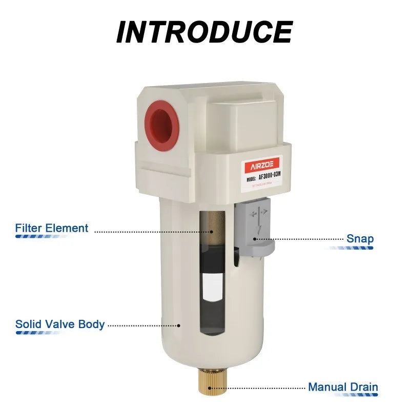 Parts structure of airzoe AF3000-03 air compressor water separator with filter element, valve body, snap and manual drain