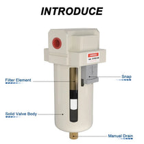 Parts structure of airzoe AF4000-04 air compressor water separator with 5 micron brass element, snap, solid valve body and semi-auto drain