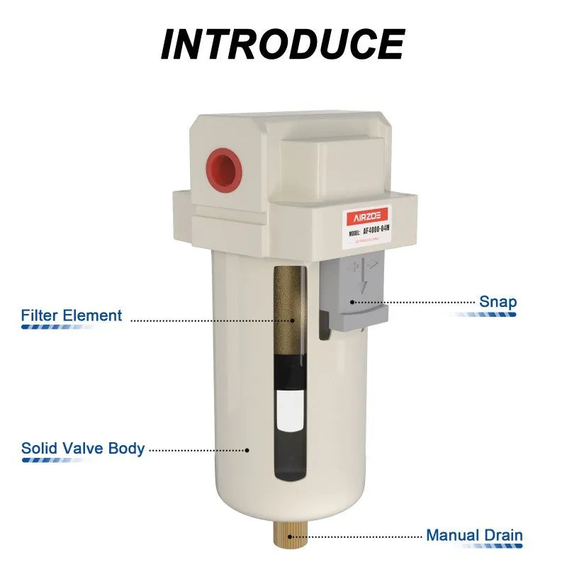 Parts structure of airzoe AF4000-04 air compressor water separator with 5 micron brass element, snap, solid valve body and semi-auto drain