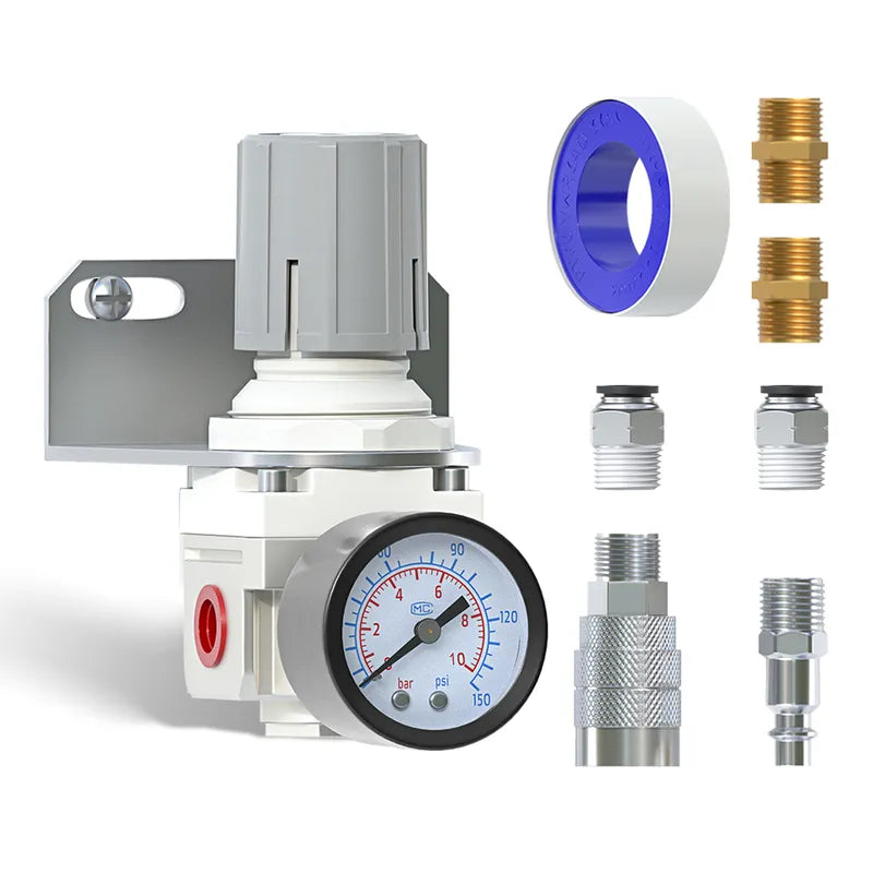 airzoe AR2000-02 1/4 inch NPT air pressure regulator kit with 0-150 PSI gauge, bracket and fittings for compressed air system