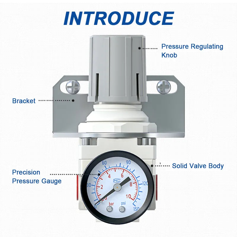 Parts structure of airzoe AR2000-02 air pressure regulator with pressure regulating knob, bracket, precision pressure gauge and solid valve body