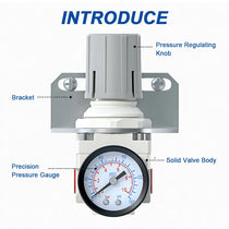 Parts structure of airzoe AR2000-02 air pressure regulator with pressure regulating knob, bracket, precision pressure gauge and solid valve body
