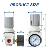 Size dimensions of airzoe AR2000-02 mini air regulator with 1/4 inch NPT connection and 0-150 PSI gauge