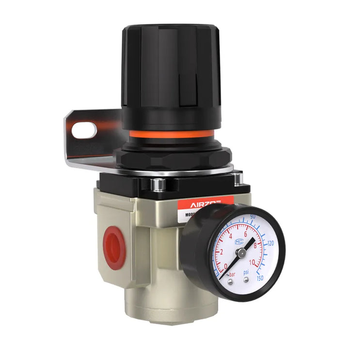 airzoe AR3000-02 1/4 inch NPT air pressure regulator made of aluminum alloy and plastic with 0-150 PSI gauge for compressed air system