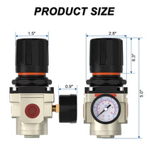 Size dimensions of airzoe AR3000-02 1/4 inch NPT mini air regulator with 0-150 PSI gauge