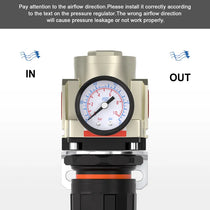 Airflow direction warning for airzoe AR3000-02 air pressure regulator showing correct IN and OUT installation direction