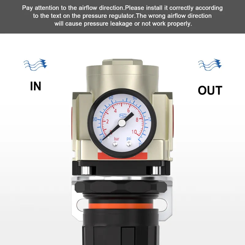 Airflow direction warning for airzoe AR3000-02 air pressure regulator showing correct IN and OUT installation direction