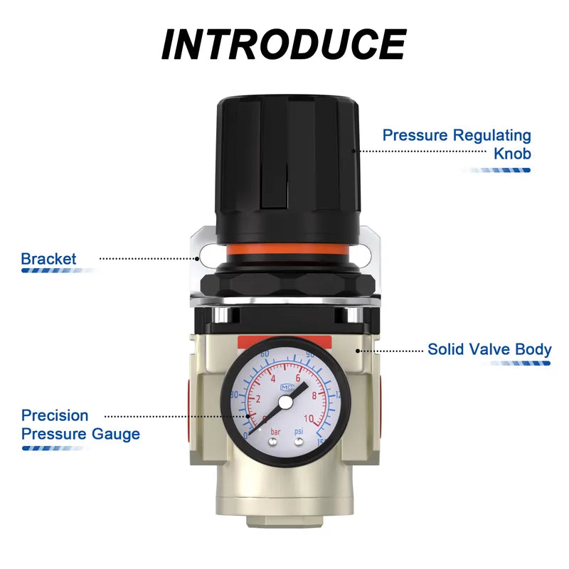 Parts structure of airzoe AR3000-02 air pressure regulator with aluminum alloy body, plastic pressure regulating knob, bracket and precision pressure gauge