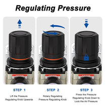 Pressure regulating instructions for airzoe AR3000-02 air pressure regulator showing lift, rotate and press knob steps