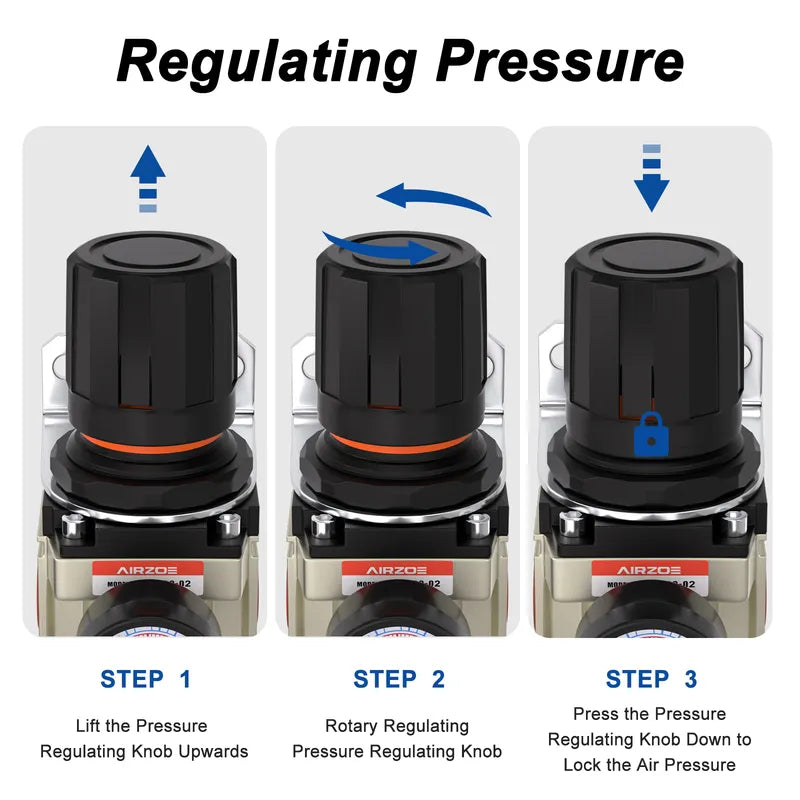 Pressure regulating instructions for airzoe AR3000-02 air pressure regulator showing lift, rotate and press knob steps