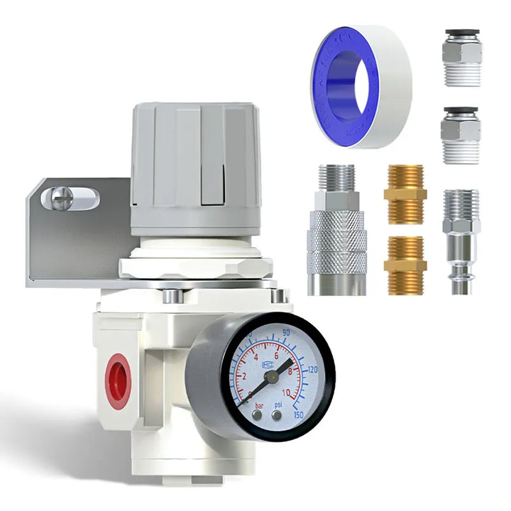 airzoe AR3000-03 3/8 inch NPT air pressure regulator kit with 0-150 PSI gauge, bracket and fittings for compressed air system
