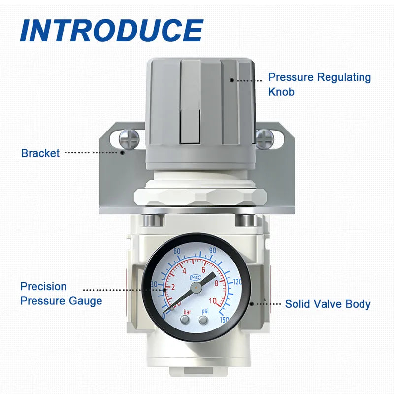 Parts structure of airzoe AR3000-03 air pressure regulator with pressure regulating knob, bracket, precision pressure gauge and solid valve body