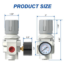 Size dimensions of airzoe AR3000-03 mini air regulator with 3/8 inch NPT connection and 0-150 PSI gauge