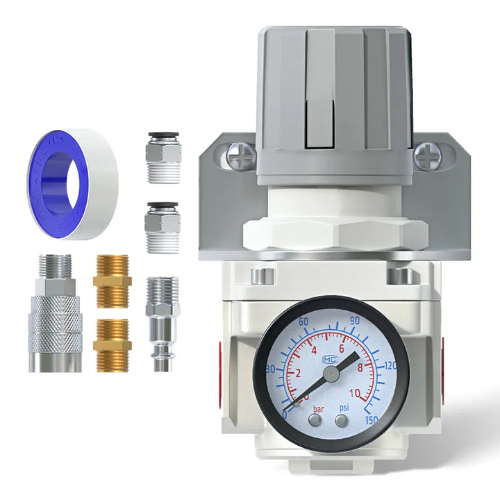 airzoe AR4000-04 1/2 inch NPT air pressure regulator kit with 0-150 PSI gauge, bracket and fittings for compressed air system