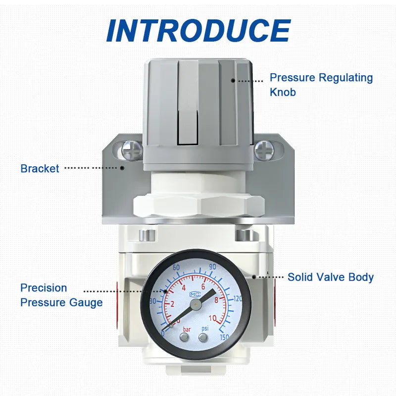 Parts structure of airzoe AR4000-04 air pressure regulator with pressure regulating knob, bracket, precision pressure gauge and solid valve body