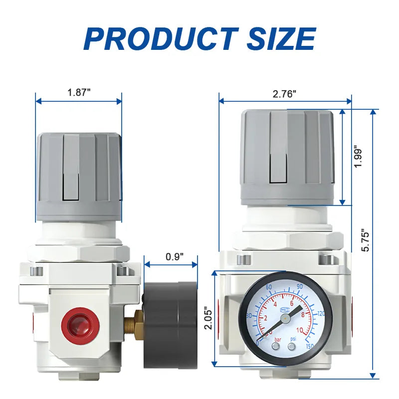 Size dimensions of airzoe AR4000-04 mini air regulator with 1/2 inch NPT connection and 0-150 PSI gauge