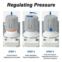 Pressure regulating instructions for airzoe AR4000-04 air pressure regulator showing lift, rotate and press knob steps