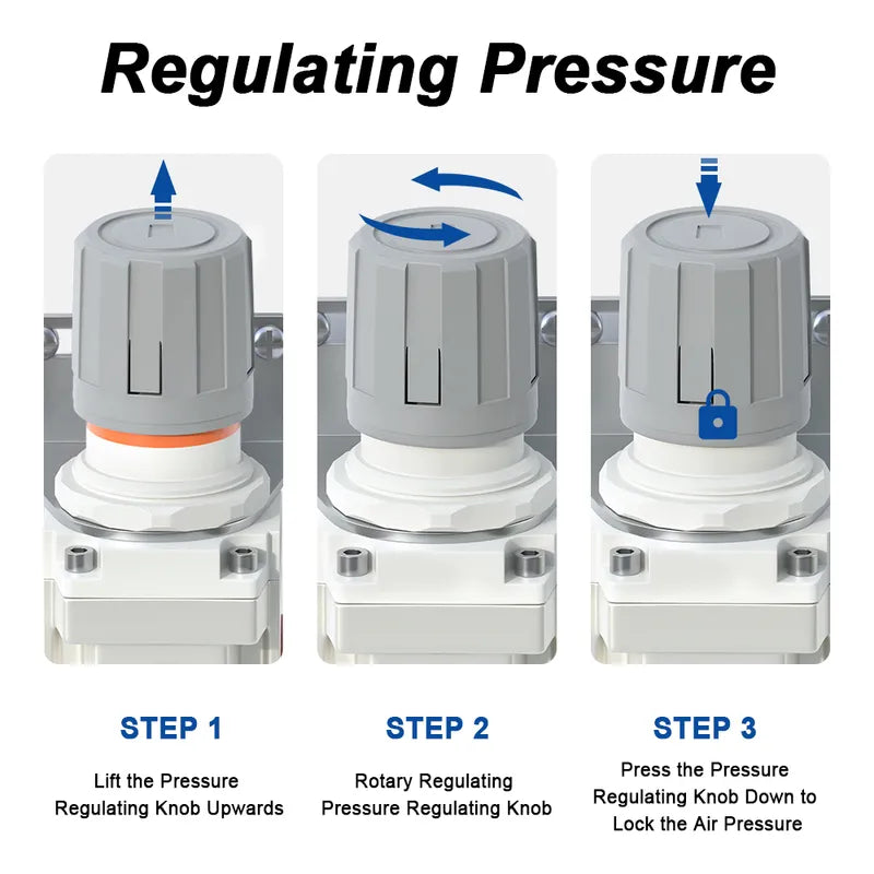 Pressure regulating instructions for airzoe AR4000-04 air pressure regulator showing lift, rotate and press knob steps