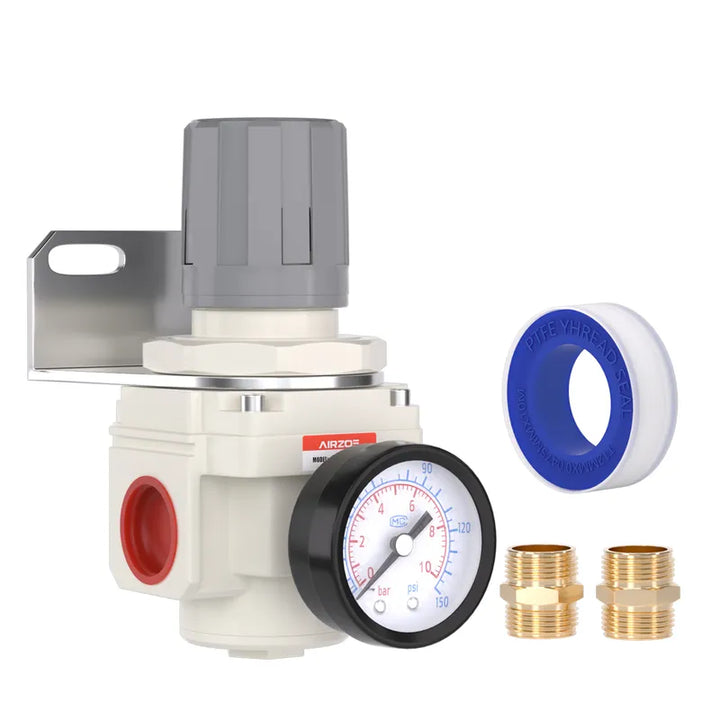 airzoe AR4000-06 3/4 inch NPT air pressure regulator kit with 0-150 PSI gauge, bracket, fittings and thread seal tape for compressed air system