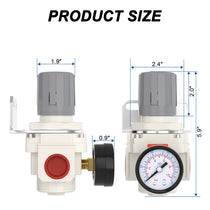 Size dimensions of airzoe AR4000-06 3/4 inch NPT mini air regulator with 0-150 PSI gauge