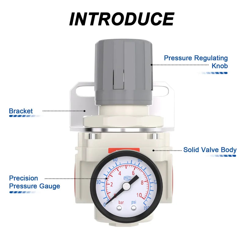 Parts structure of airzoe AR4000-06 air pressure regulator with pressure regulating knob, bracket, precision pressure gauge and solid valve body