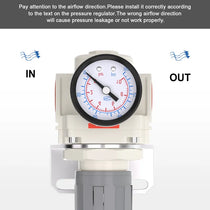 Airflow direction warning for airzoe AR4000-06 air pressure regulator showing correct IN and OUT installation direction