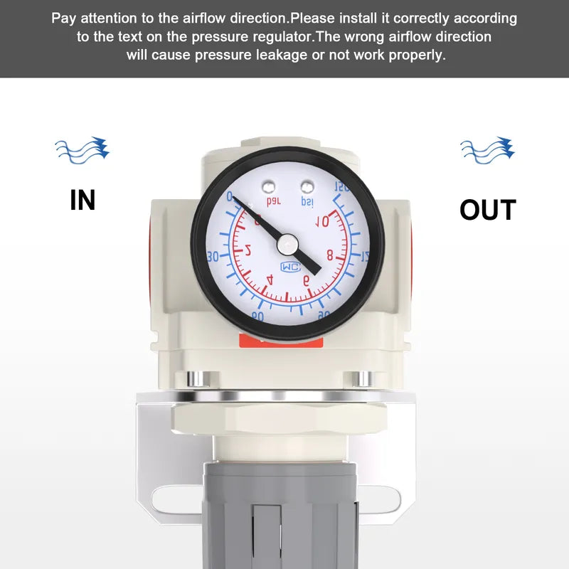 Airflow direction warning for airzoe AR4000-06 air pressure regulator showing correct IN and OUT installation direction