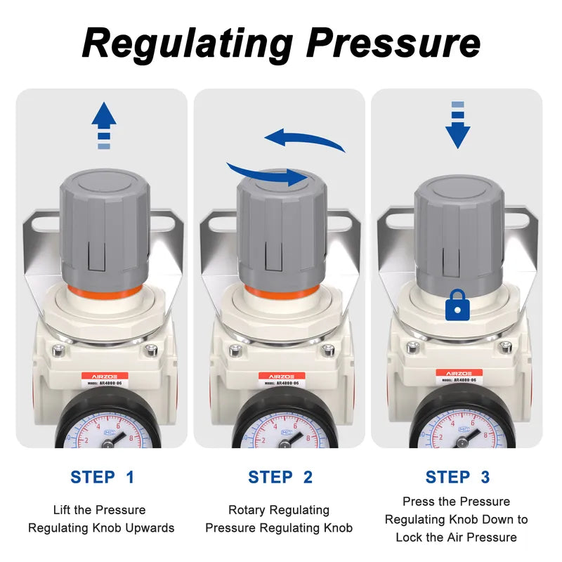 Pressure regulating instructions for airzoe AR4000-06 air pressure regulator showing lift, rotate and press knob steps