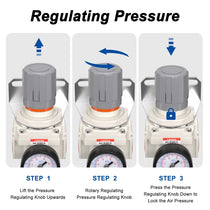 Pressure regulating instructions for airzoe AR4000-06 air pressure regulator showing lift, rotate and press knob steps