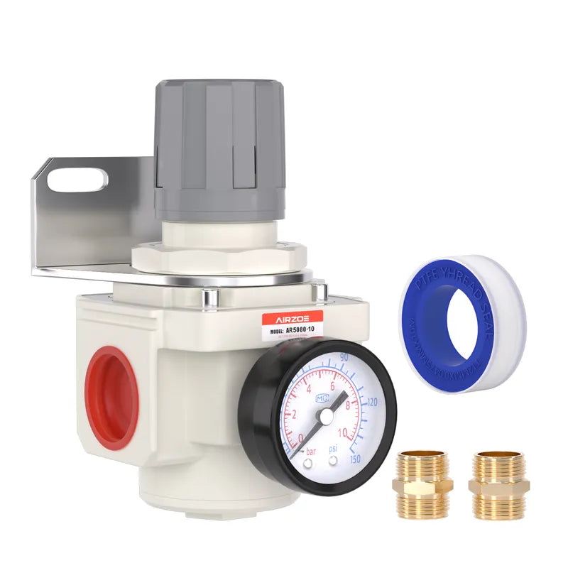 airzoe AR5000-10 1 inch NPT air pressure regulator kit with 0-150 PSI gauge, bracket, fittings and thread seal tape for compressed air system
