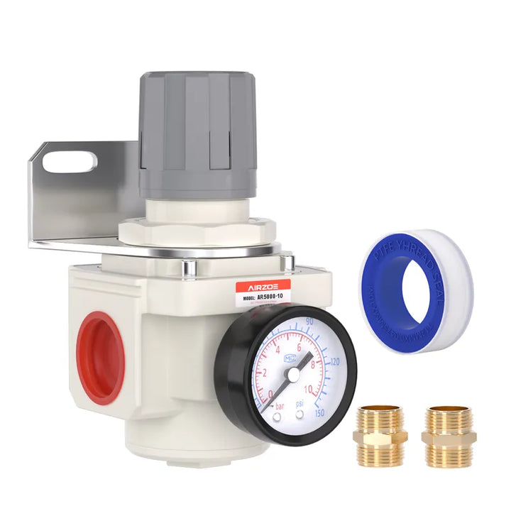 airzoe AR5000-10 1 inch NPT air pressure regulator kit with 0-150 PSI gauge, bracket, fittings and thread seal tape for compressed air system