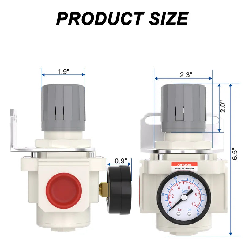 Size dimensions of airzoe AR5000-10 1 inch NPT mini air regulator with 0-150 PSI gauge