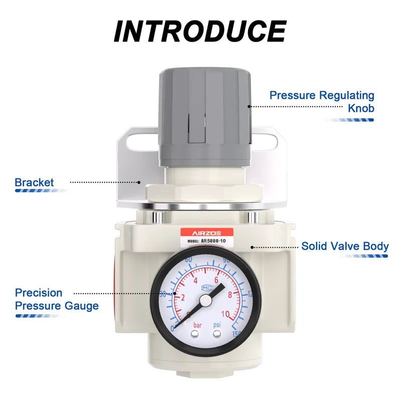 Parts structure of airzoe AR5000-10 air pressure regulator with pressure regulating knob, bracket, precision pressure gauge and solid valve body