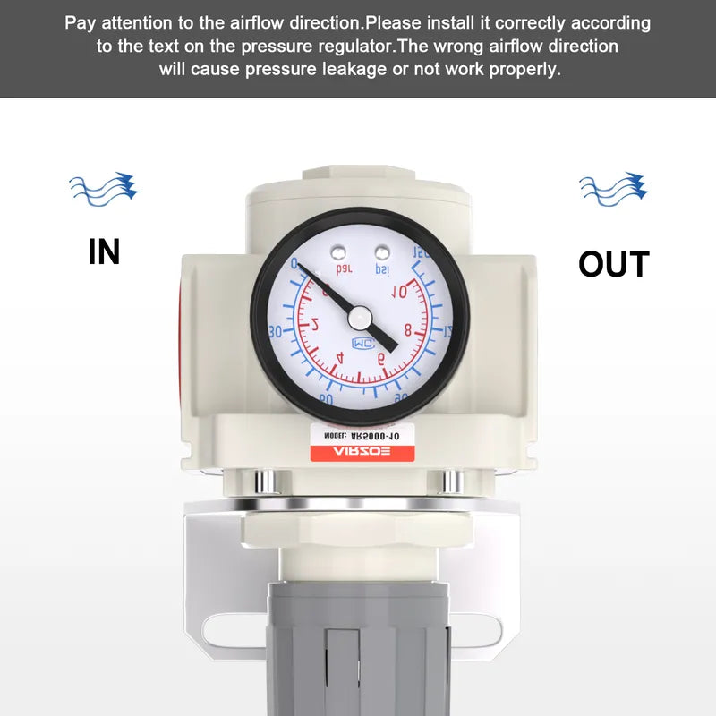 Airflow direction warning for airzoe AR5000-10 air pressure regulator showing correct IN and OUT installation direction
