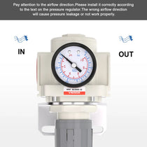 Airflow direction warning for airzoe AR5000-10 air pressure regulator showing correct IN and OUT installation direction