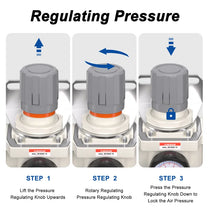 Pressure regulating instructions for airzoe AR5000-10 air pressure regulator showing lift, rotate and press knob steps