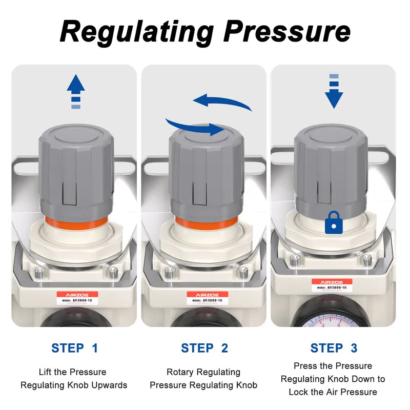Pressure regulating instructions for airzoe AR5000-10 air pressure regulator showing lift, rotate and press knob steps