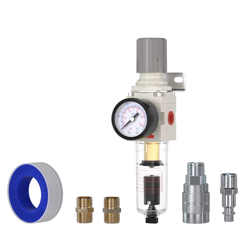 airzoe AW2000-02 1/4 inch NPT air filter regulator combo piggyback kit with 0-150 PSI gauge, 5 micron brass element, auto drain and fittings