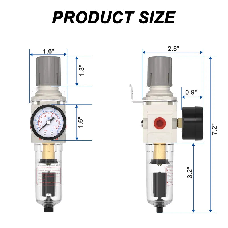 Size dimensions of airzoe AW2000-02 1/4 inch NPT air filter regulator combo with 0-150 PSI gauge