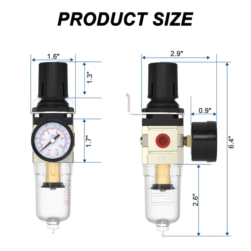 Size dimensions of airzoe AW2000-02 1/4 inch NPT manual drain air filter regulator combo with 0-150 PSI gauge