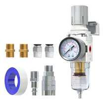 airzoe AW2000-02 1/4 inch NPT air filter regulator combo piggyback kit with 0-150 PSI gauge, 5 micron brass element, semi-auto drain and fittings