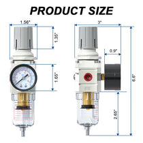 Size dimensions of airzoe AW2000-02 1/4 inch NPT semi-auto drain air filter regulator combo with 0-150 PSI gauge